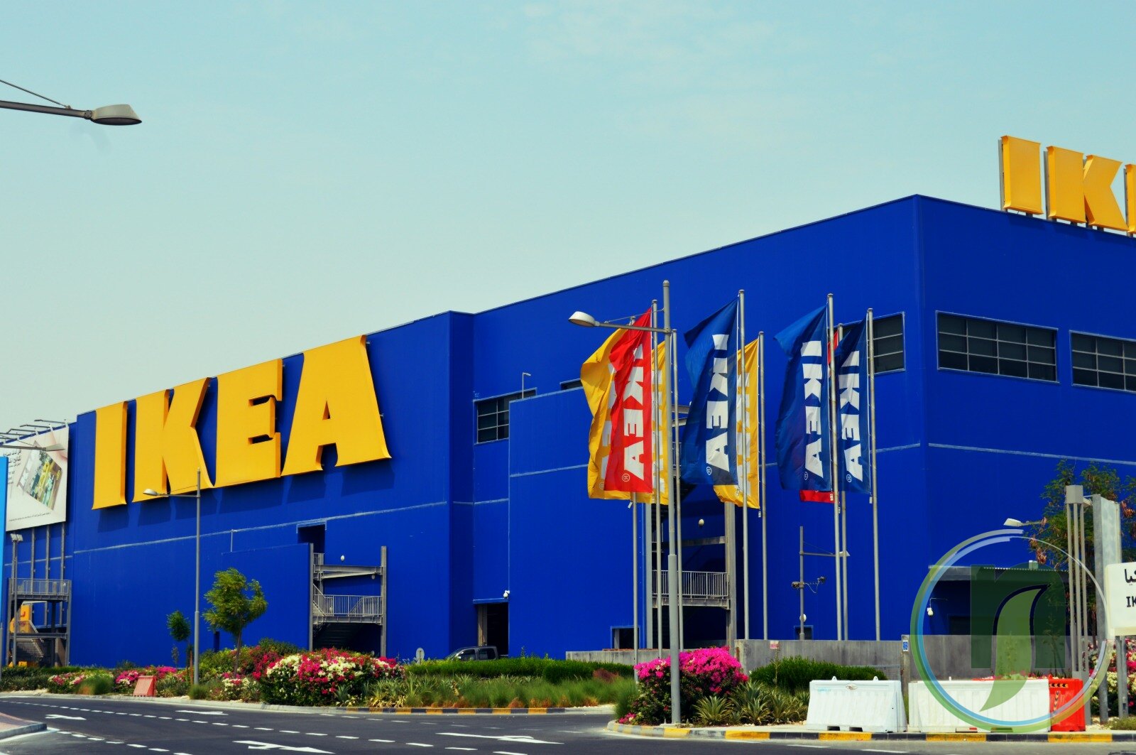 Flower beds and shrubs landscaped around the IKEA store at Doha Festival City, Qatar