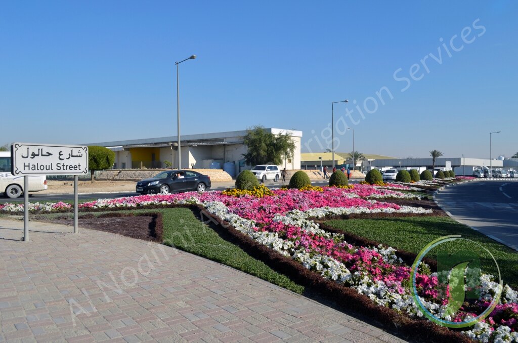 Pink and white seasonal flower beds along Haloul Street in Doha, landscaped by Al Noaimi